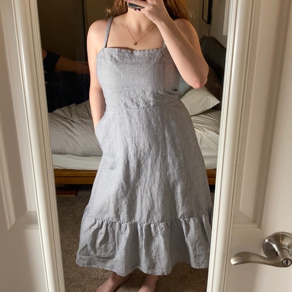 Gap Blue Striped Ruffle Apron Midi Dress - Picture 3 of 3